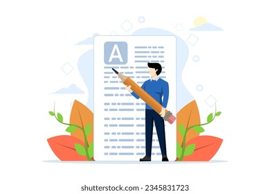 Concept of copywriting, journalism, writing, copyright idea. Successful people with pencil writing or text editing. Vector illustration in flat design on white background.