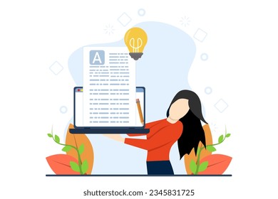 Concept of copywriting, journalism, writing, copyright idea. Successful people with pencil writing or text editing. Vector illustration in flat design on white background.