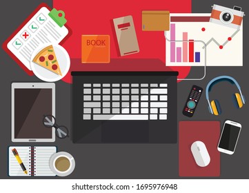 concept coronavirus COVID-19. The company allows employees to work from home to avoid viruses.Top view of graphic designer  workplace on background. Flat design of workspace with laptop,coffee,Pizza