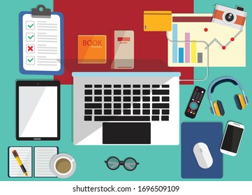 concept coronavirus COVID-19. The company allows employees to work from home to avoid viruses.Top view of business workplace on background. Flat design of workspace with laptop, cup of coffee,Pizza