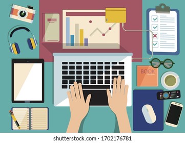 concept coronavirus COVID-19. The company allows employees to work from home to avoid viruses.Top view of graphic designer  workplace on background. Flat design of workspace with laptop,coffee,Pizza