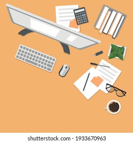 Concept coronavirus COVID-19. The company allows employees to work from home to avoid viruses.Top view with table, flowerpot, computer, calculator, diary and coffee mug. Stock vector illustration