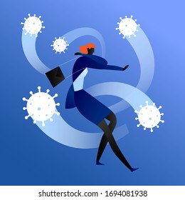 Concept Coronavirus crisis illustration. Business woman surrounded by virus particles during COVID-19 outbreak.
