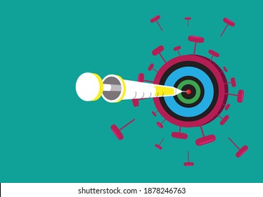 Concept of a coronavirus as a dart board and an injection hits it bulls eye and its protein spikes explode. Editable Clip Art.