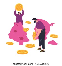 Concept of coronavirus economic crisis during quarantine.Novel virus 2019-nCoV.Couple smashed a savings piggy bank because of the crisis.Piggy bank with coins.Difficult economic situation.Flat vector 