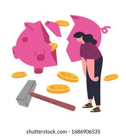Concept of coronavirus economic crisis during quarantine.Novel virus 2019-nCoV.A woman smashed a savings piggy bank with a hammer because of the crisis.Piggy bank with coins.Flat vector illustration.