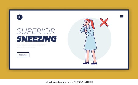 Concept Of Coronavirus Epidemic. Website Landing Page. Infographic With Infected Woman Feeling Virus Symptoms Without Protective Face Mask. Web Page Cartoon Linear Outline Flat Vector Illustration