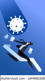 Concept Coronavirus financial crisis illustration. Businessman running away from the virus along the down chart caused by the global economic crisis during COVID-19 outbreak.