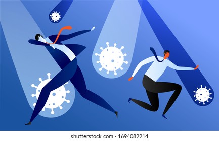 Concept Coronavirus financial crisis illustration. Businessmen run away from the virus during COVID-19 outbreak.