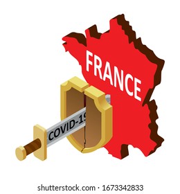 the concept of coronavirus in France, there is no protection against 2019-nCov, covid-19, pandemic, infection. Vector map of France, a broken shield, a sword with the inscription covid-19