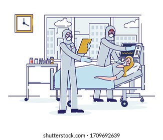 Concept Of Coronavirus And Intensive Therapy. Sick Infected Woman Is in Intensive Care Unit Connected To Ventilator Under Doctors Protection. Cartoon Linear Outline Flat Style. Vector Illustration
