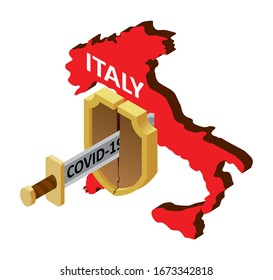 the concept of coronavirus in Italy, there is no protection against 2019-nCov, covid-19, pandemic, infection. Vector map of Italy, a broken shield, a sword with the inscription covid-19