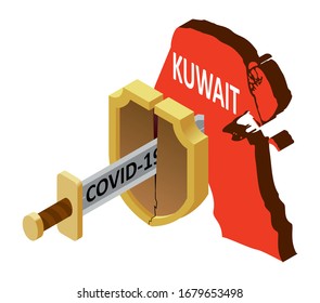 the concept of coronavirus in Kuwait, there is no protection against 2019-nCov, covid-19, pandemic, infection. Vector map of Kuwait, a broken shield, a sword with the inscription covid-19