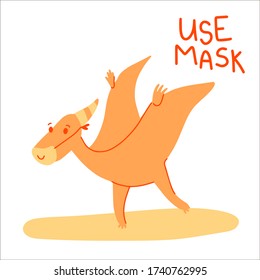 Concepto de un dinasto naranja coronavirus parado en una máscara con una máscara de uso de signos. Imagen informativa para los niños para protegerse del virus. Ilustración vectorial de existencias aislada en fondo blanco