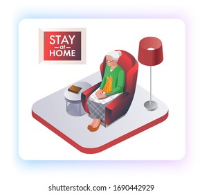 Concept of a coronavirus outbreak. The old lady is sitting at home in a chair. The Earth-19 virus is in the air. Staying at home with an independent quarantine. Taking care of your parents. Antivirus 