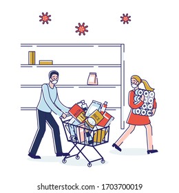 Concept Of Coronavirus Panic Shopping. Man And Woman In Panic Are Buying Lots Of Food Supply And Toilet Paper In The Supermarket With Empty Shelves. Cartoon Linear Outline Flat Vector Illustration