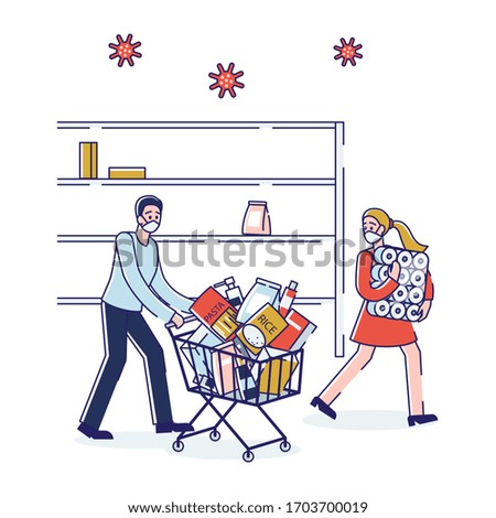 Concept Of Coronavirus Panic Shopping. Man And Woman In Panic Are Buying Lots Of Food Supply And Toilet Paper In The Supermarket With Empty Shelves. Cartoon Linear Outline Flat Vector Illustration
