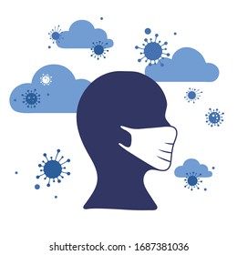 Concept Of Coronavirus Quarantine And Mask Protection. Covid Infection In The Air, Airborne Transmission, Male Wearing White Medical Face Mask.