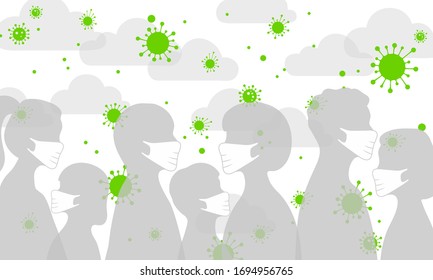 Concept Of Coronavirus Quarantine And Mask Protection. Covid Infection In The Air, Airborne Transmission, People Crowd Wearing White Medical Face Masks.