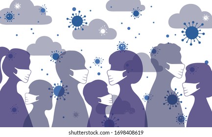 Concept Of Coronavirus Quarantine And Mask Protection. Covid Infection In The Air, Airborne Transmission, People Crowd Wearing White Medical Face Masks.