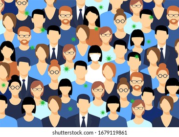 Concept of coronavirus quarantine vector illustration. Woman in medical mask among crowd of people and viruses.
