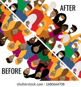Concept of coronavirus quarantine vector illustration. Template with BEFORE - AFTER concept. Poster with cartoon people 