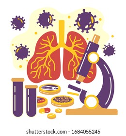 Concept of coronavirus 
research vector illustration. Covid-19. Laboratory research equipment.  Microscopy vector illustration. 