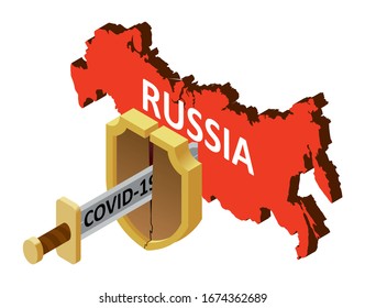 concept of coronavirus in Russia, there is no protection against 2019-nCov, pandemic, infection. Vector map of Russia, a broken shield, a sword with the inscription covid-19