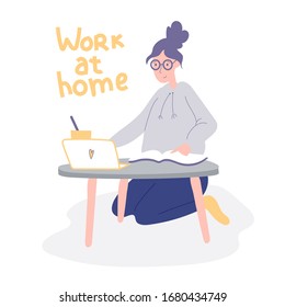 Concept of coronavirus selfisolation girl sitting on the floor with laptop working studying from home sign. Informational poster. Stock vector illustration isolated on white background