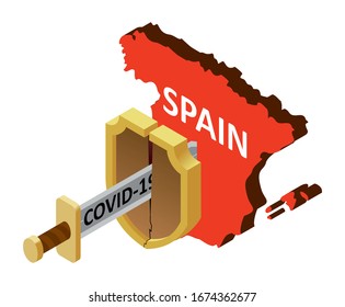 concept of coronavirus in Spain, there is no protection against 2019-nCov, pandemic, infection. Vector map of Spain, a broken shield, a sword with the inscription covid-19