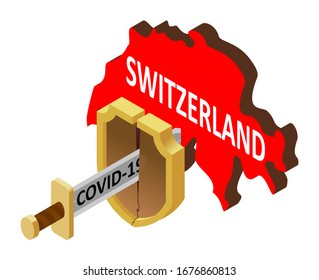 the concept of coronavirus in Switzerland, there is no protection against 2019-nCov, covid-19, pandemic, infection. Vector map of France, a broken shield, a sword with the inscription covid-19