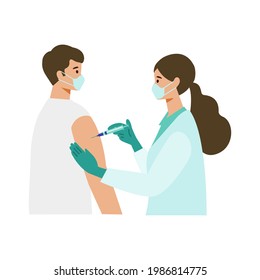 Concept for coronavirus vaccination. Doctor makes an injection of flu vaccine to  man. Vector flat illustration.
