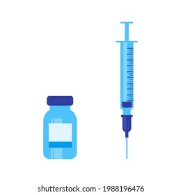 Concept for coronavirus vaccination. Syringe and vaccine. Vector flat illustration.