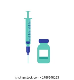 Concept for coronavirus vaccination. Syringe and vaccine. Vector flat illustration.