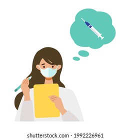 Concept For Coronavirus Vaccination. Woman Have A Seat And Fill Out The Medical Questionnaire. Vector Flat Illustration.