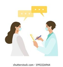 Concept for coronavirus vaccination. Woman have a medical consultation with the doctor. Vector flat illustration.
