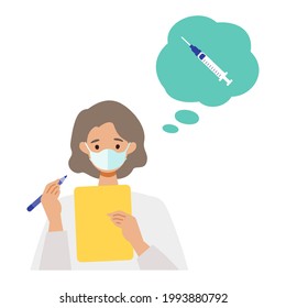 Concept For Coronavirus Vaccination. Woman Have A Seat And Fill Out The Medical Questionnaire. Vector Flat Illustration.