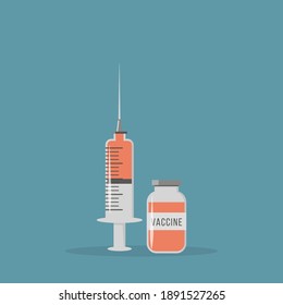 Concept of Coronavirus vaccine vector illustration isolated on background. Vaccine jab bottle and syringe injection for immunization treatment. Covid vaccination.