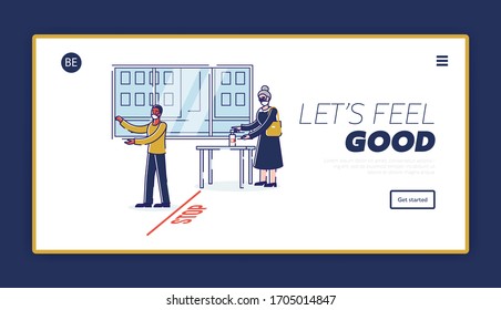 Concept Of Coronavirus. Website Landing Page. People Follow Rules In Coronavirus Period, Disinfection Hands Before Enter To Public Places. Web Page Cartoon Linear Outline Flat Vector Illustration