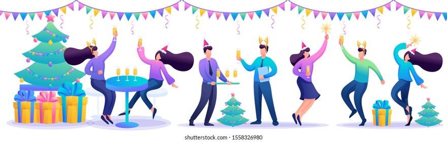 Concept of corporate celebration, young employees of the company have fun, dance, drink champagne.