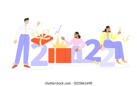 Concept of Corporate Christmas and New Year celebrations. Flat vector illustration with happy people opening presents and holding numbers 2022. Secret Santa or a party with friends or colleagues.