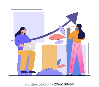 Concept of corporate ladder. Girls working in office. Company growth, selfdevelopment, acquisition of new useful skills. Future success, ambition, goal, task. Cartoon flat vector illustration