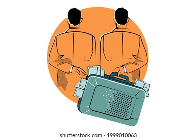 Concept of Corruption, Dishonest or fraudulent conduct by those in power, involving Bribery. Vector illustration of two men hand over money, bribe in suitcase. svg