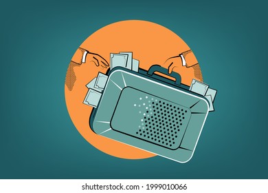 Concept of Corruption, Dishonest or fraudulent conduct by those in power, involving Bribery. Vector illustration of two men hand over money, bribe in suitcase.