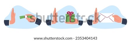 Concept of corruption and venality, hand of businessman refusing offered money and gifts. Businessman does not accept cash in envelope. Illegal profit. Vector cartoon flat illustration