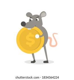 the concept of corruptors or eaters of state and people's money. illustration of a mouse eating a coin. metaphor of corruption. flat style. design elements