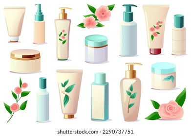 Concept Cosmetic. This flat cartoon design showcases a set of cosmetic and beauty products on a plain white background. Vector illustration.