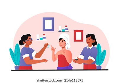 Concept of cosmetology. Assistant help girl to apply rejuvenating mask. Beauty, health and hygiene. Cosmetic products for skin care. Fight wrinkles and blackheads. Cartoon flat vector illustration