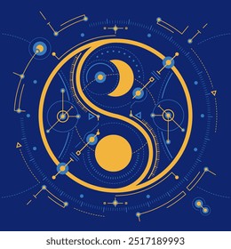 concept of cosmology or astronomy science, graphic of yin yang symbol combined with blueprint element