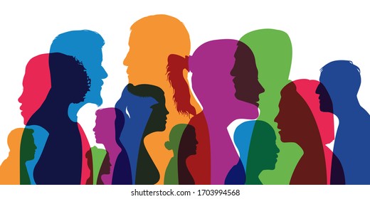 Concept of a cosmopolitan population with different silhouettes of heads of men and women in color and side views.